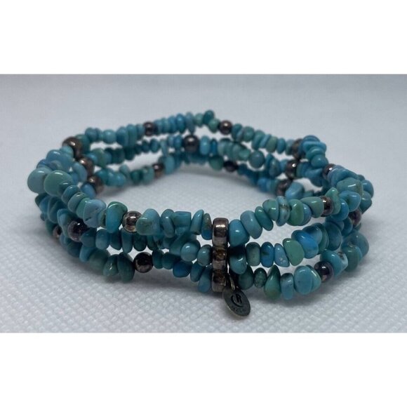 925 Sterling Silver Turquoise Colored Gemstone Chips 3 Stand Bracelet Marked R - Picture 6 of 6